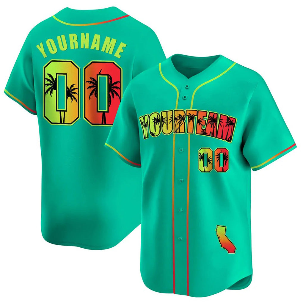 Angled view of Custom Cyan Green California Beach Baseball Jersey – Designed By Athletrio