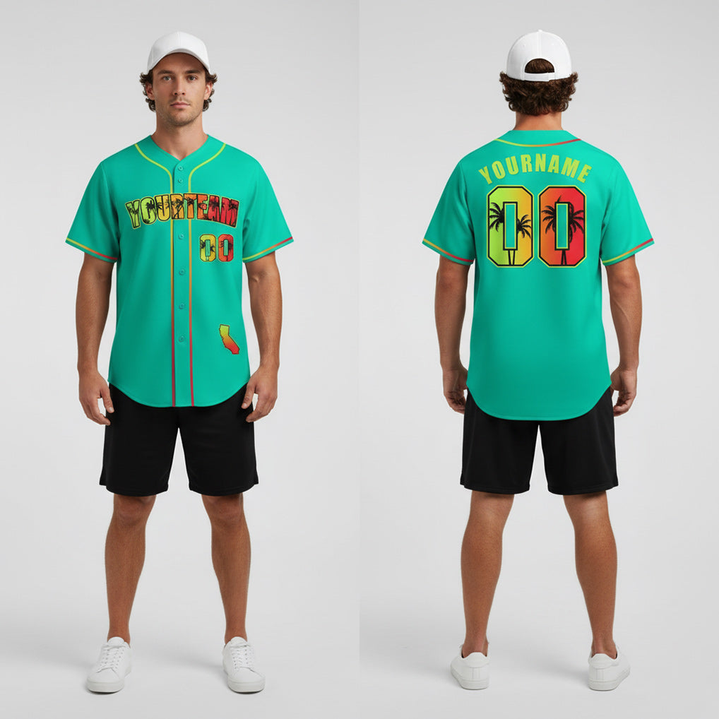 Front and back view of Custom Cyan Green California Beach Baseball Jersey with Personalized Name and Number – Athletrio