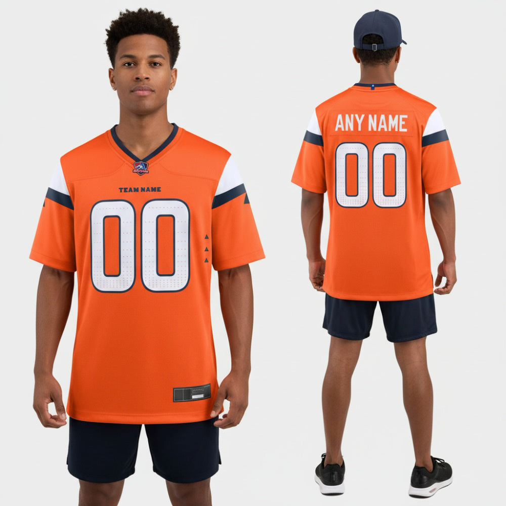 Front and back view of Custom Denver Orange Football Jersey with Personalized Name and Number – Athletrio