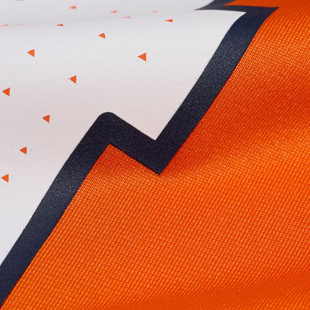 Product details printed of Custom Denver Orange Football Jersey showing stitched logos, fabric and customization options By Athletrio