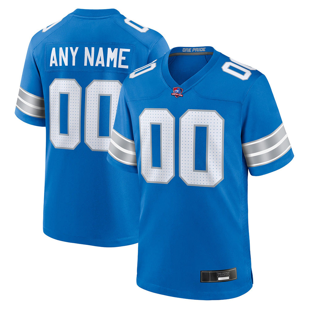 Angled view of Custom Detroit Blue Football Jersey – Designed By Athletrio