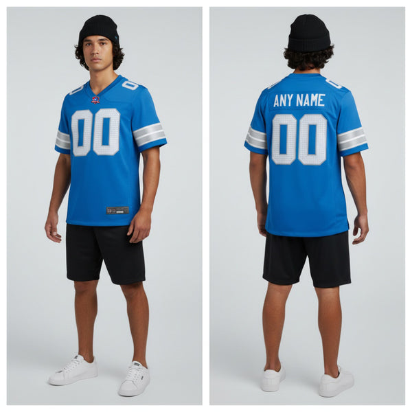 Front and back view of Custom Detroit Blue Football Jersey with Personalized Name and Number – Athletrio