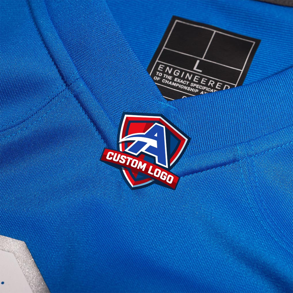 Product details v-neck of Custom Detroit Blue Football Jersey showing stitched logos, fabric and customization options By Athletrio