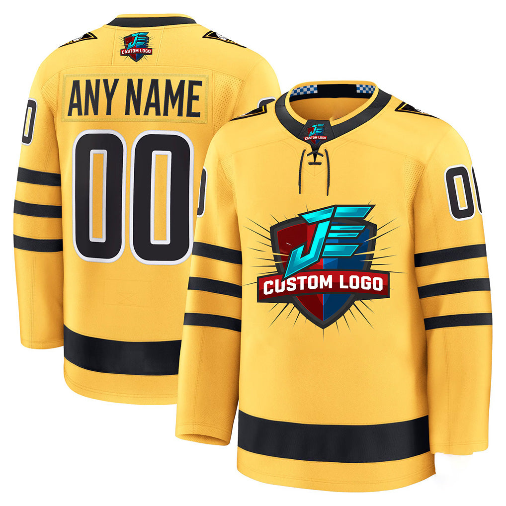 Angled view of Custom Gold Hockey Jersey – Designed By Athletrio