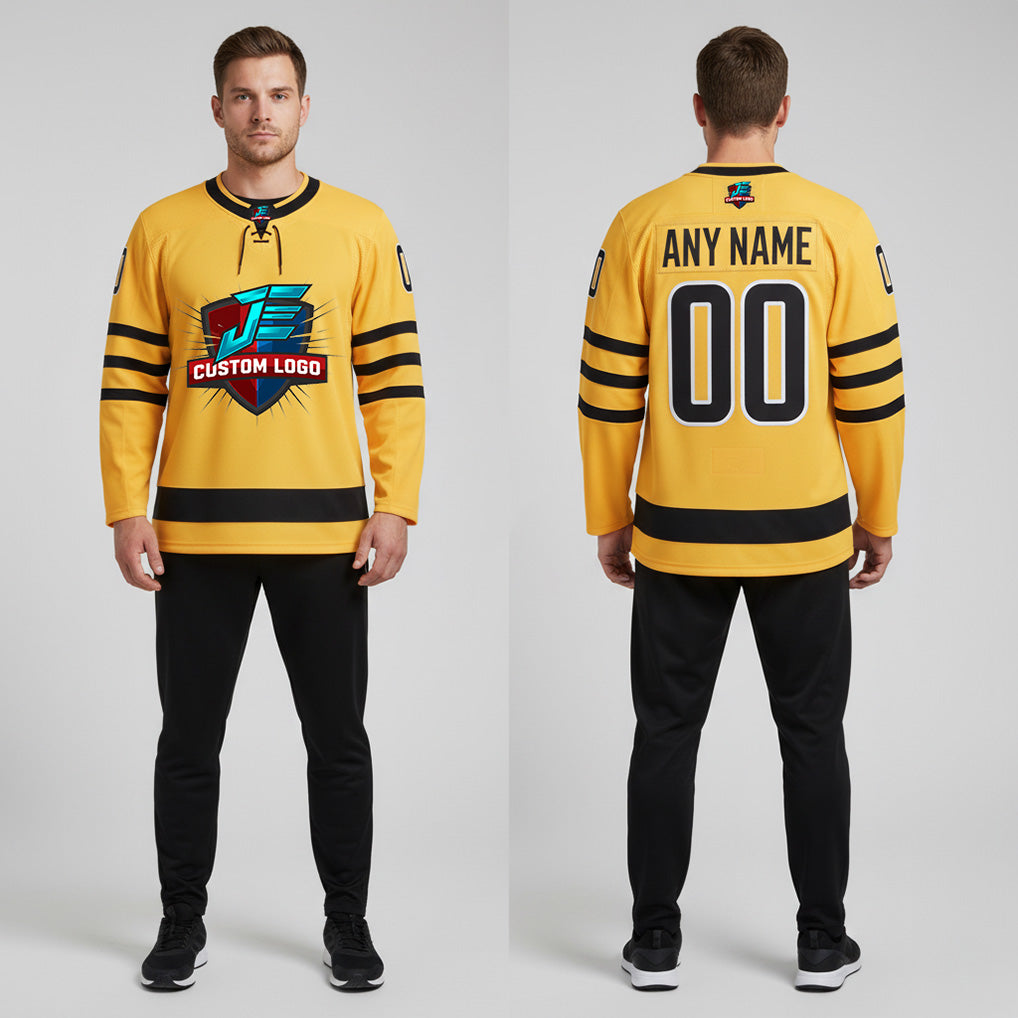 Front and back view of Custom Gold Hockey Jersey with Personalized Name and Number – Athletrio