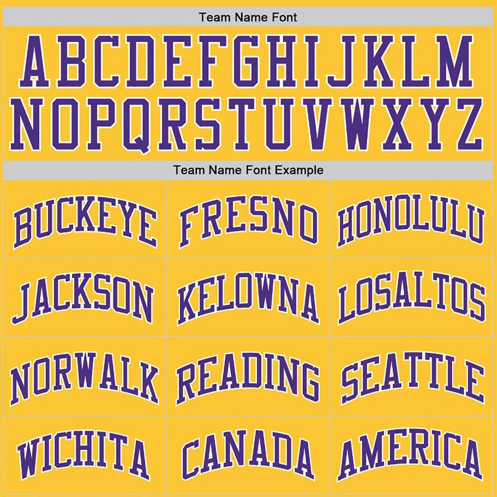 Team name font options for Custom Gold Purple-White Throwback Basketball Jersey