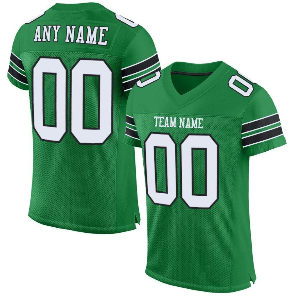 Angled view of Custom Grass Green White-Black Mesh Football Jersey – Designed By Athletrio