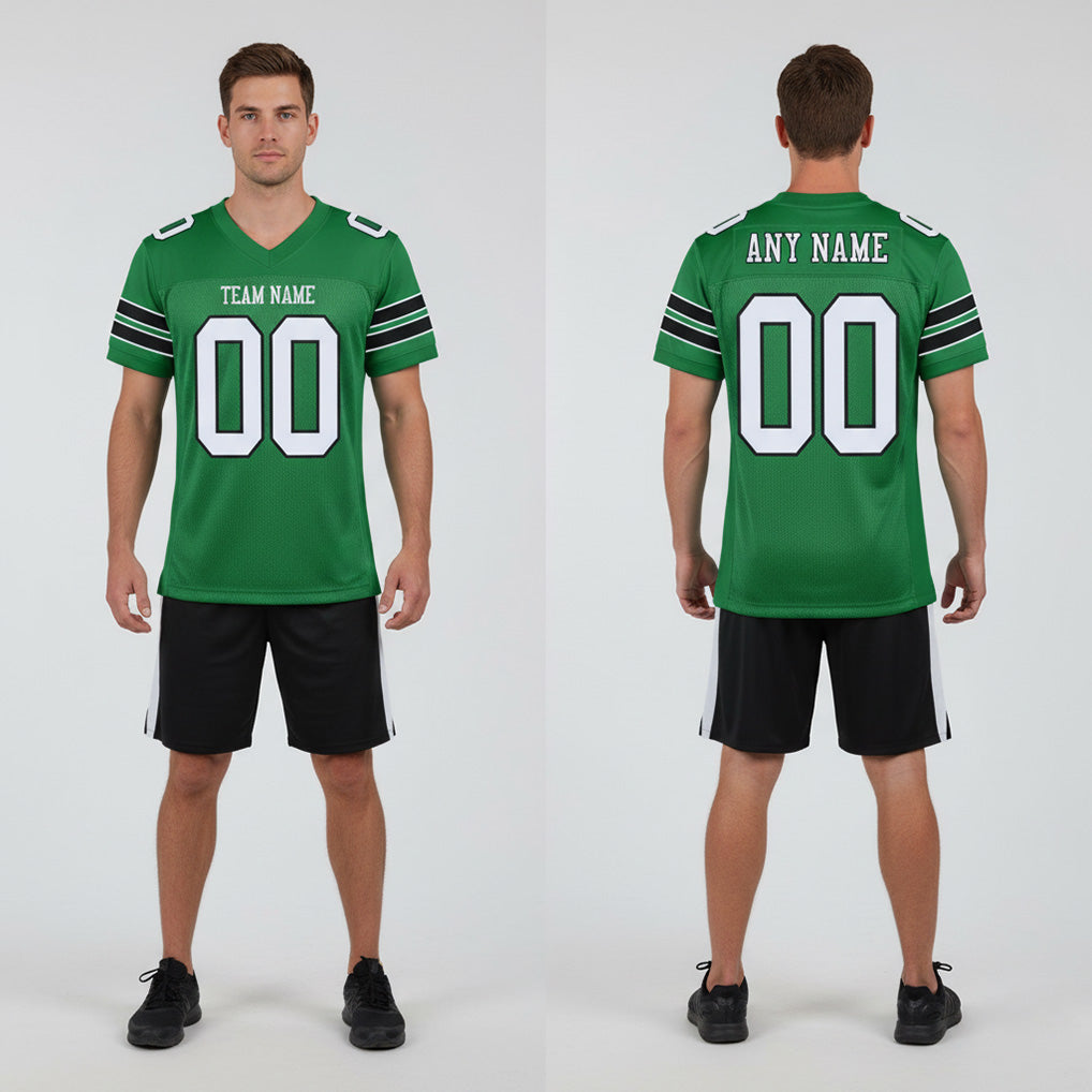 Front and back view of Custom Grass Green White-Black Mesh Football Jersey with Personalized Name and Number – Athletrio