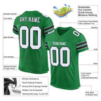 Product details of Custom Grass Green White-Black Mesh Football Jersey showing stitched logos, fabric and customization options By Athletrio