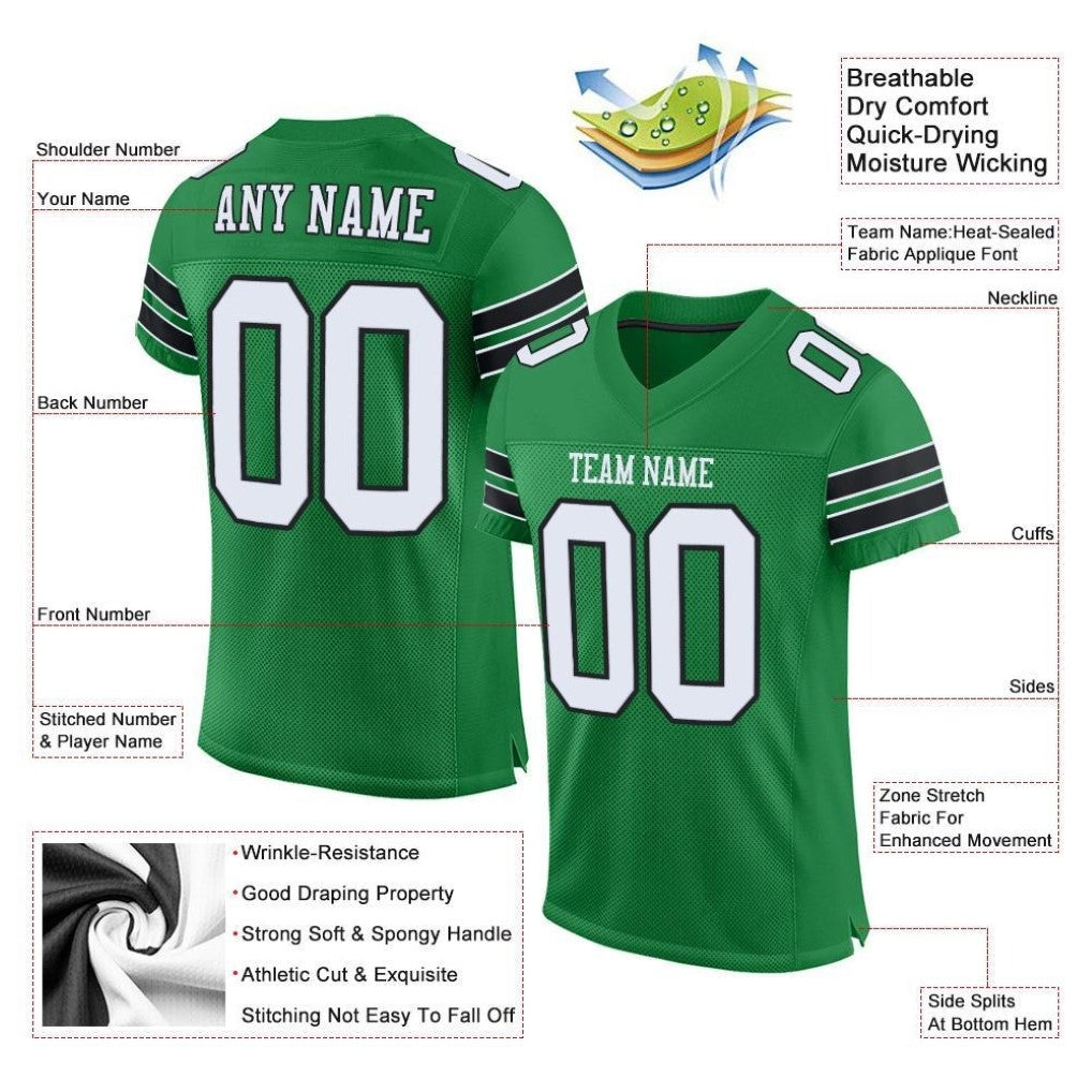 Product details of Custom Grass Green White-Black Mesh Football Jersey showing stitched logos, fabric and customization options By Athletrio
