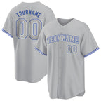 Angled view of Custom Gray-Gray Royal Baseball Jersey – Designed By Athletrio