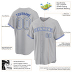 Product details of Custom Gray-Gray Royal Baseball Jersey showing stitched logos, fabric and customization options By Athletrio