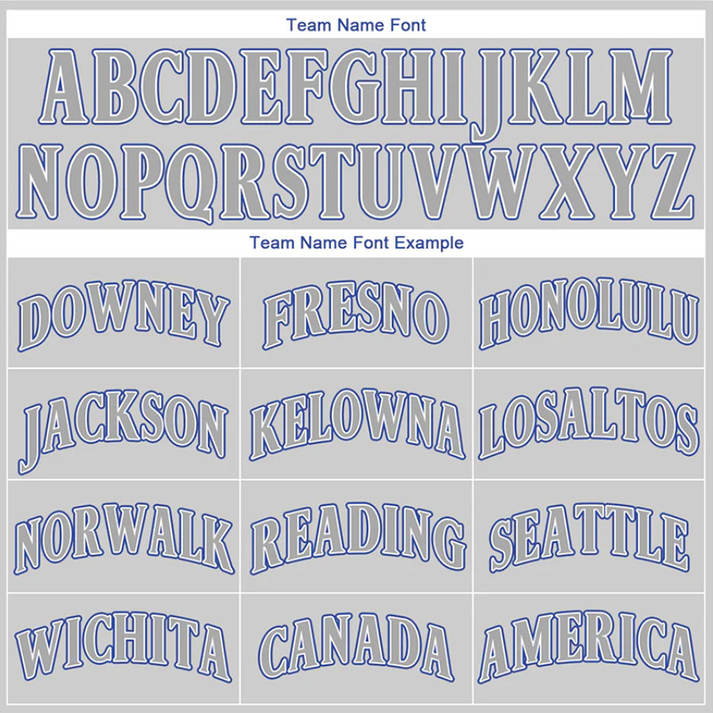 Team name font options for Custom Gray-Gray Royal Baseball Jersey