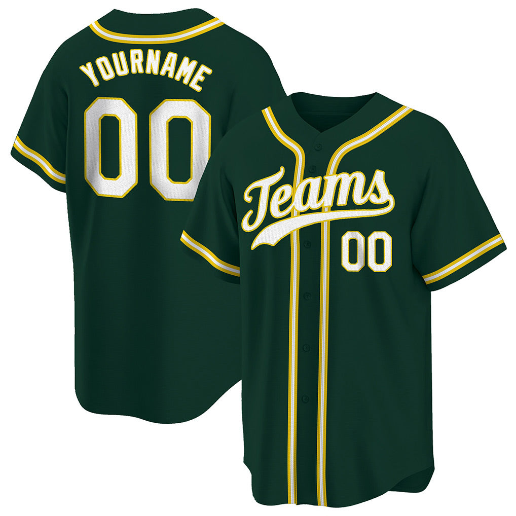 Angled view of Custom Green White-Gold Baseball Jersey – Designed By Athletrio
