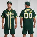 Front and back view of Custom Green White-Gold Baseball Jersey with Personalized Name and Number – Athletrio