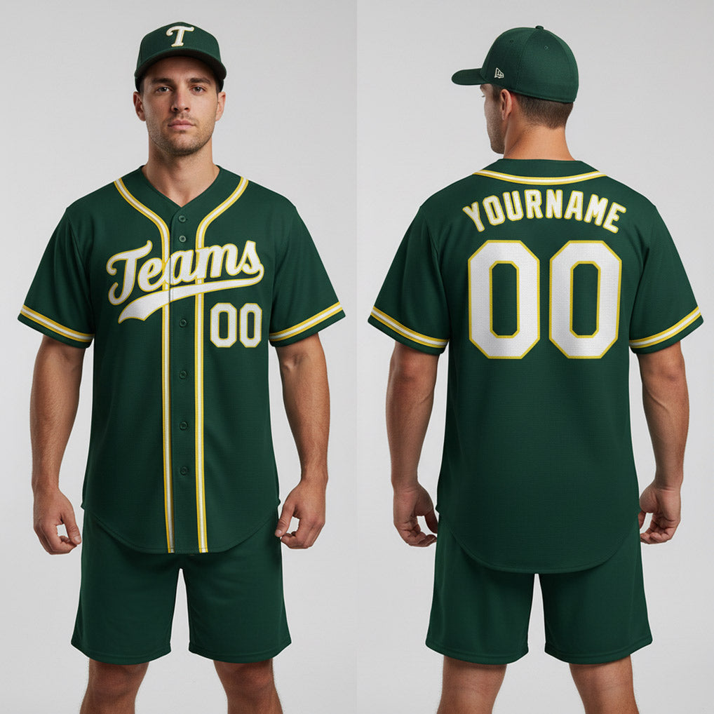 Front and back view of Custom Green White-Gold Baseball Jersey with Personalized Name and Number – Athletrio