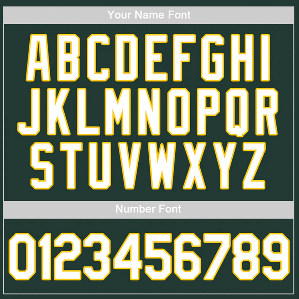 Player name and number font options for Custom Green White-Gold Baseball Jersey