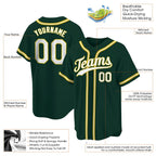 Product details of Custom Green White-Gold Baseball Jersey showing stitched logos, fabric and customization options