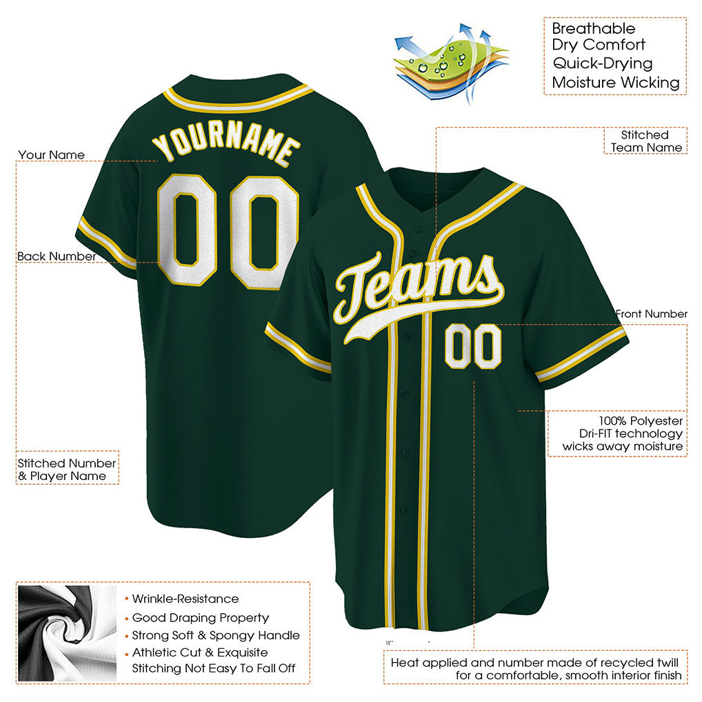 Product details of Custom Green White-Gold Baseball Jersey showing stitched logos, fabric and customization options