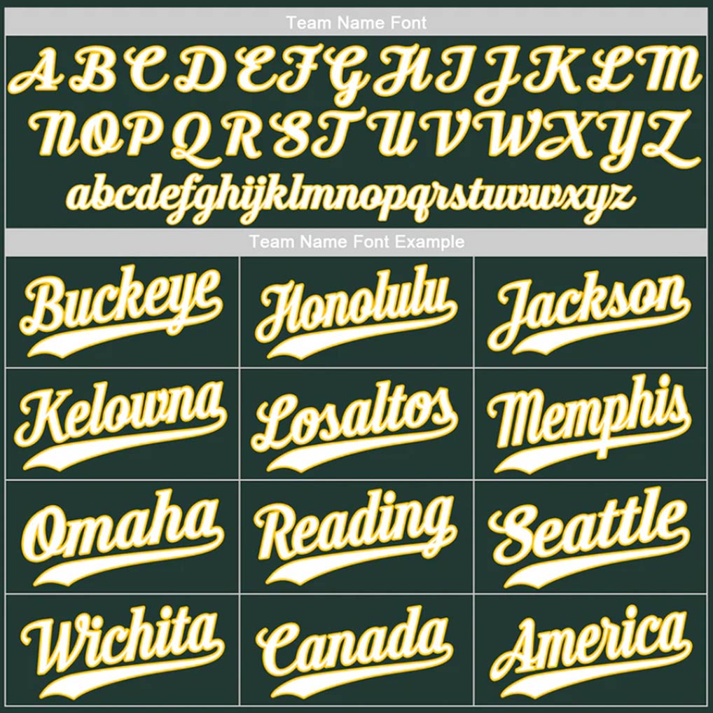 Team name font options for Custom Green White-Gold Baseball Jersey