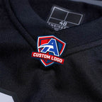 Product details logo of Custom Las Vegas Black Football Jersey showing stitched logos, fabric and customization options By Athletrio
