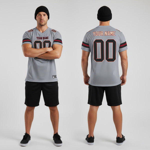 Front and back view of Custom Light Gray Black-Crimson Football Jersey with Personalized Name and Number – Athletrio