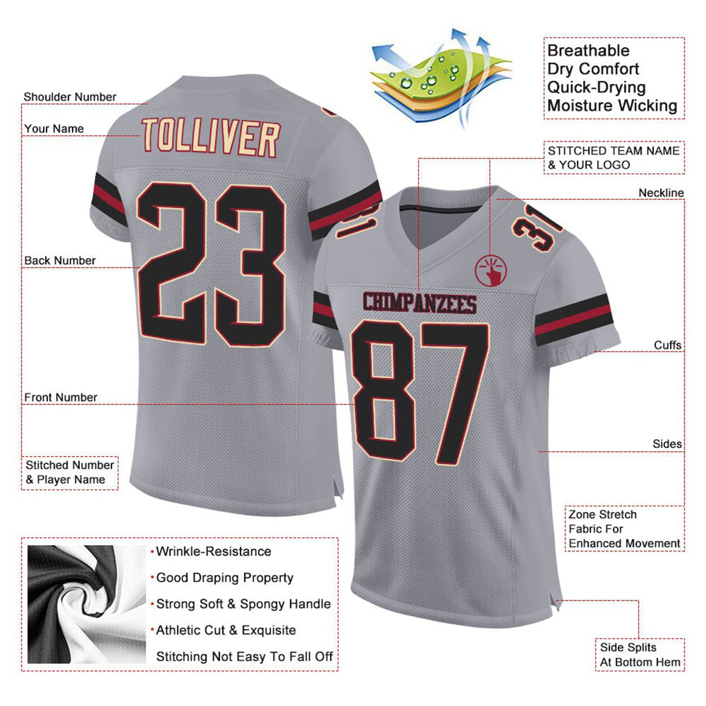 Product details of Custom Light Gray Black-Crimson Football Jersey showing stitched logos, fabric and customization options By Athletrio