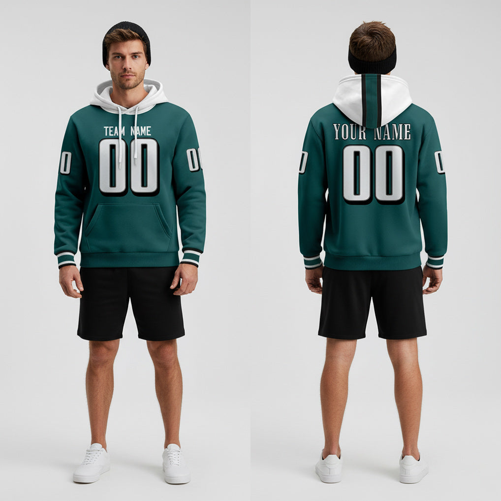 Front and back view of Custom Midnight Green Pullover Hoodie with Personalized Name and Number – Athletrio