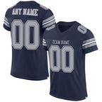 Angled view of Custom Navy Gray-White Mesh Football Jersey – Designed By Athletrio