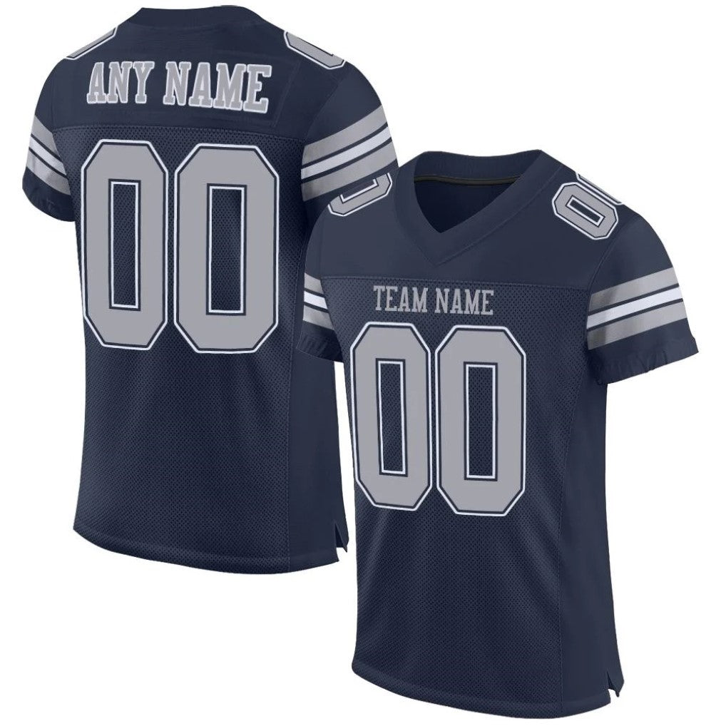 Angled view of Custom Navy Gray-White Mesh Football Jersey – Designed By Athletrio