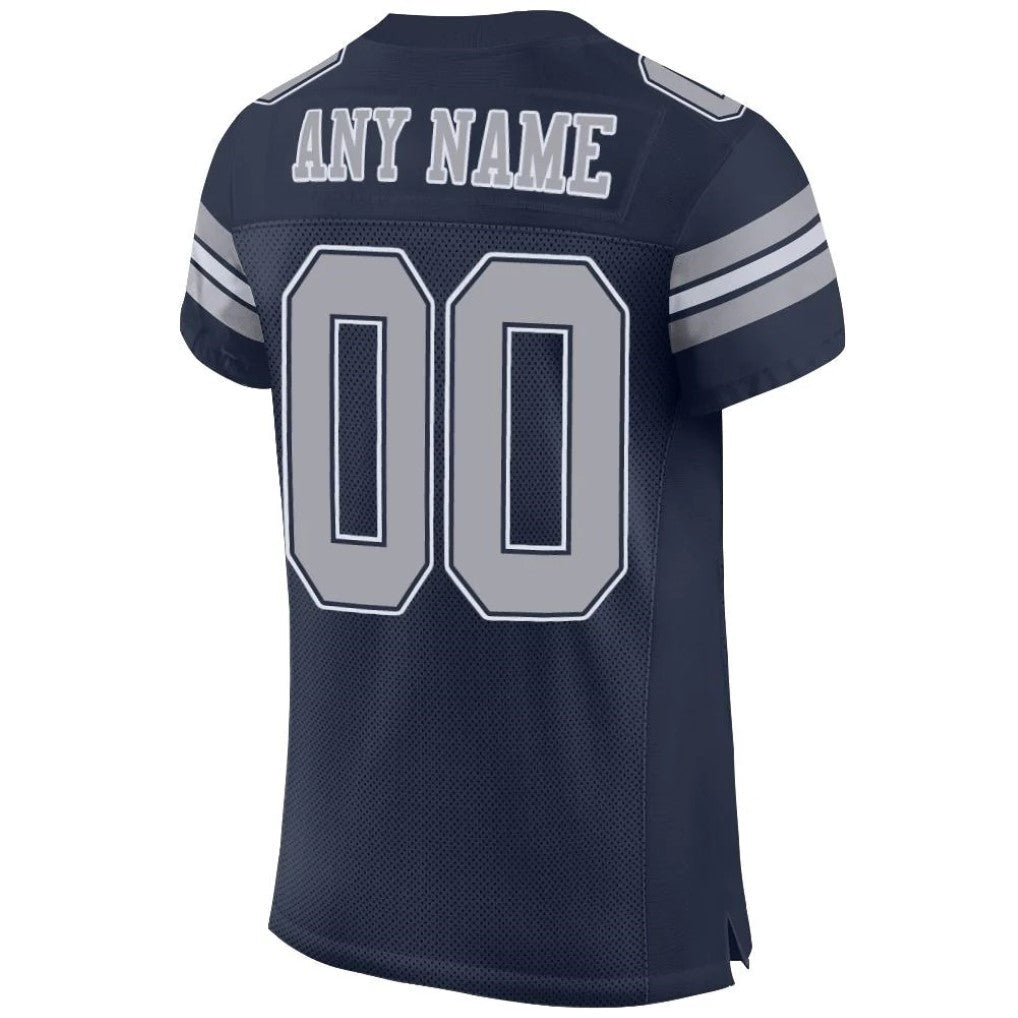 Back view of Custom Navy Gray-White Mesh Football Jersey with Any Name and Number By Athletrio