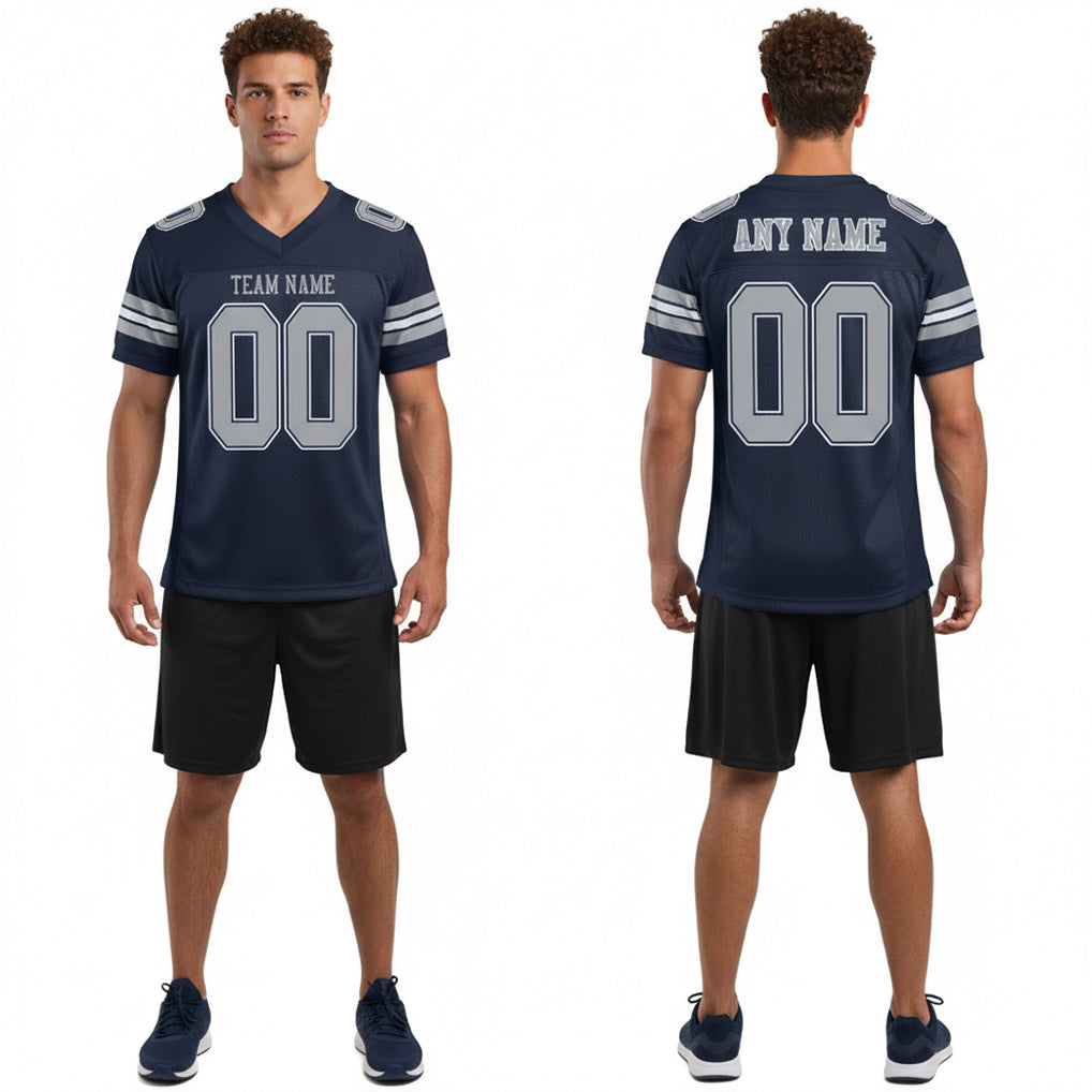 Front and back view of Custom Navy Gray-White Mesh Football Jersey with Personalized Name and Number – Athletrio