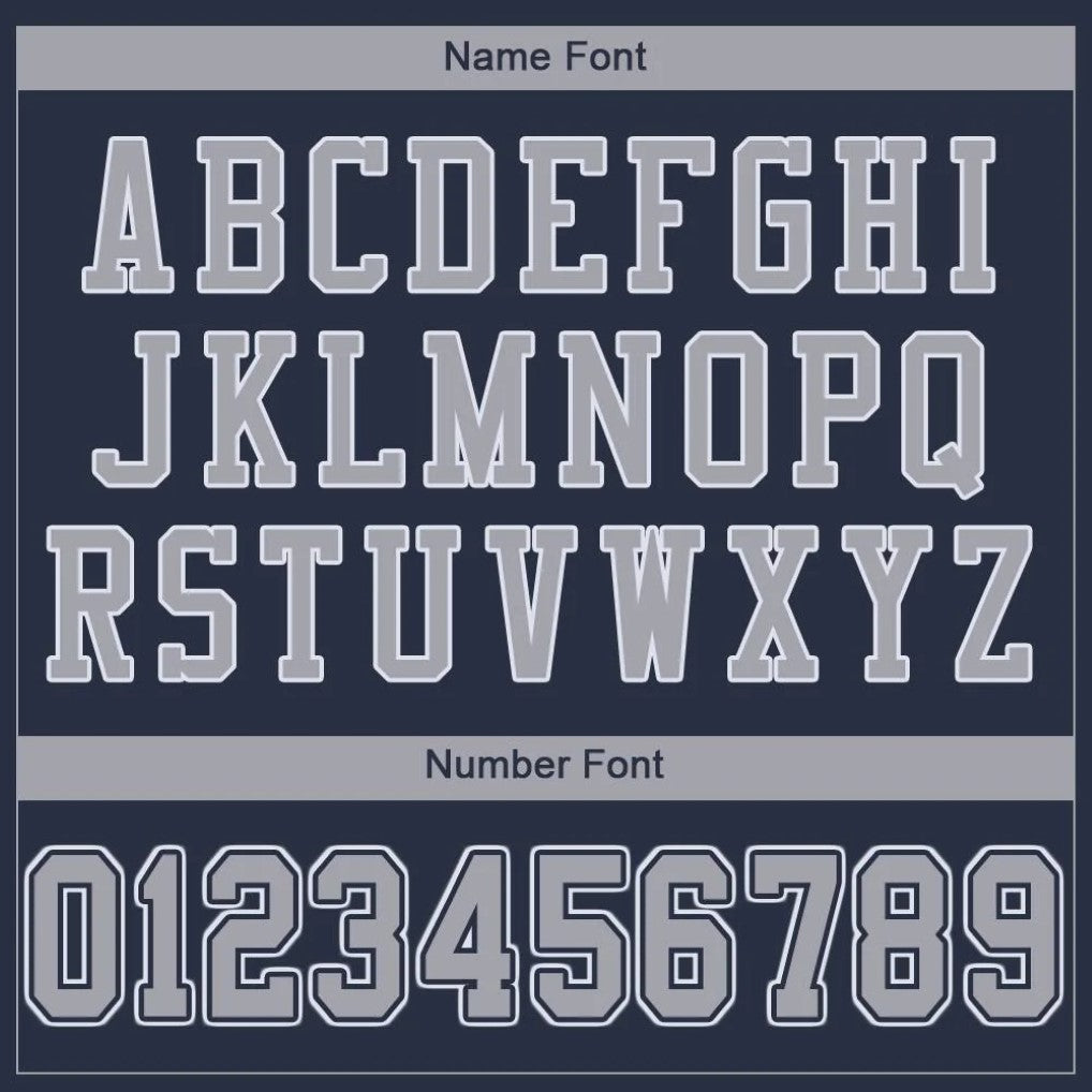 Player name and number font options for Custom Navy Gray-White Mesh Football Jersey