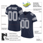 Product details of Custom Navy Gray-White Mesh Football Jersey showing stitched logos, fabric and customization options By Athletrio