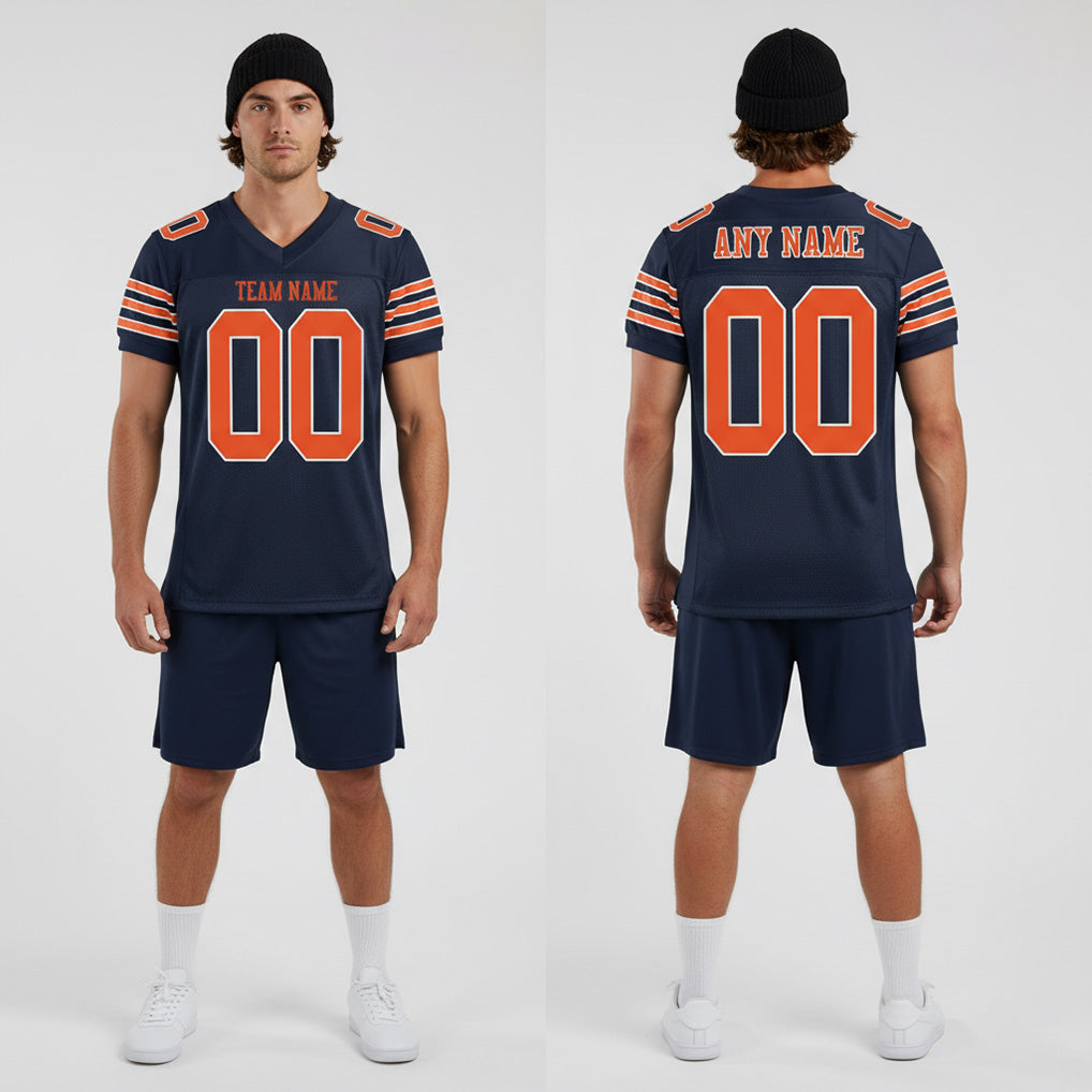 Front and back view of Custom Navy Orange-White Mesh Football Jersey with Personalized Name and Number – Athletrio