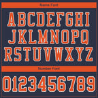 Player name and number font options for Custom Navy Orange-White Mesh Football Jersey
