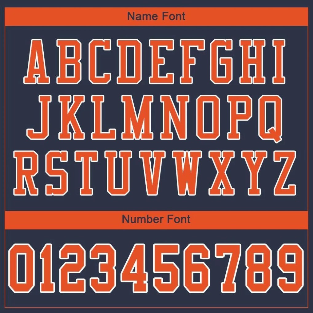 Player name and number font options for Custom Navy Orange-White Mesh Football Jersey