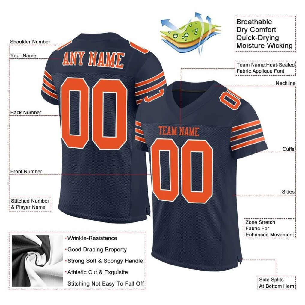 Product details of Custom Navy Orange-White Mesh Football Jersey showing stitched logos, fabric and customization options By Athletrio