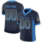 Angled view of Custom Navy Powder Blue-Gold Drift Football Jersey – Designed By Athletrio