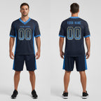 Front and back view of Custom Navy Powder Blue-Gold Drift Football Jersey with Personalized Name and Number – Athletrio