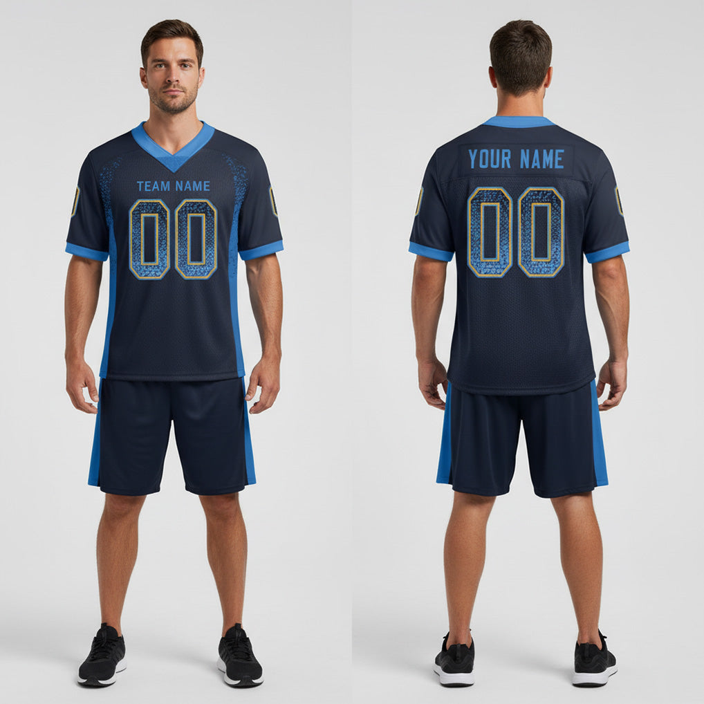 Front and back view of Custom Navy Powder Blue-Gold Drift Football Jersey with Personalized Name and Number – Athletrio