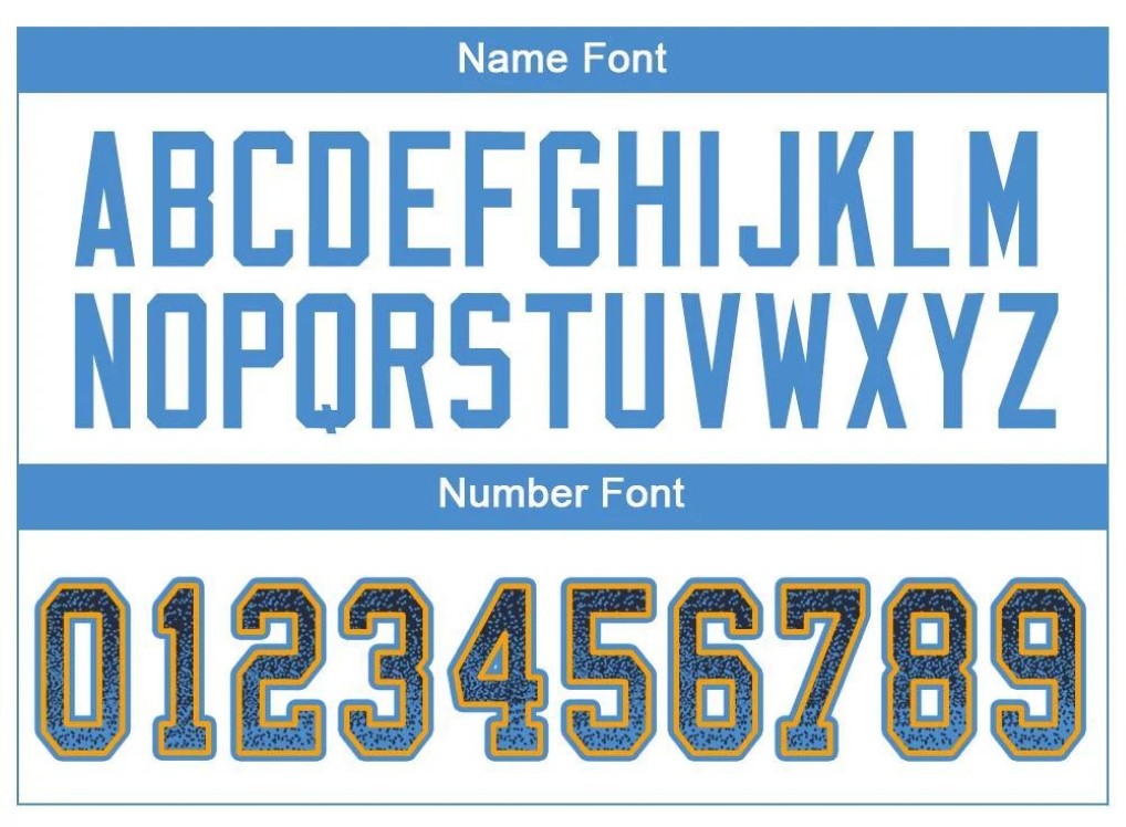 Player name and number font options for Custom Navy Powder Blue-Gold Drift Football Jersey