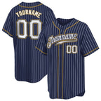 Angled view of Custom Navy White Pinstripe Old Gold Baseball Jersey – Designed By Athletrio