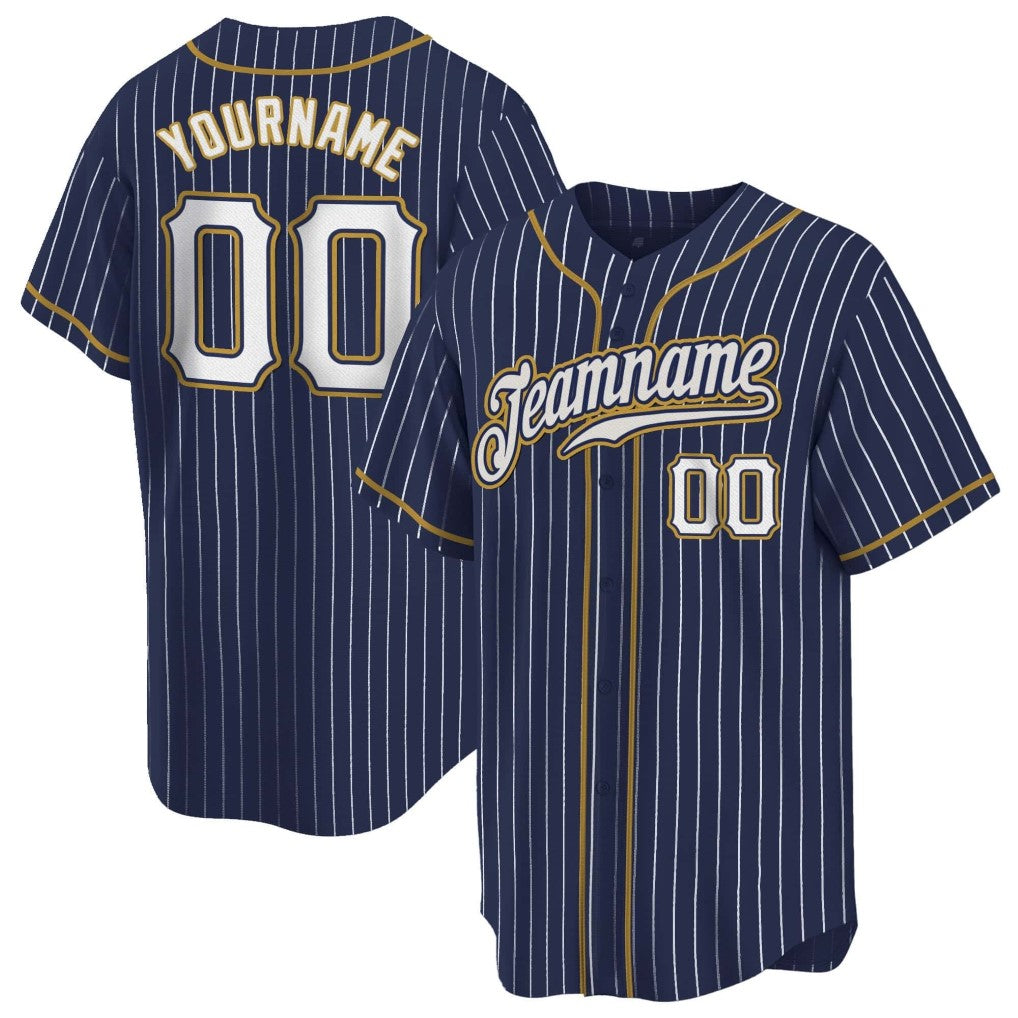 Angled view of Custom Navy White Pinstripe Old Gold Baseball Jersey – Designed By Athletrio