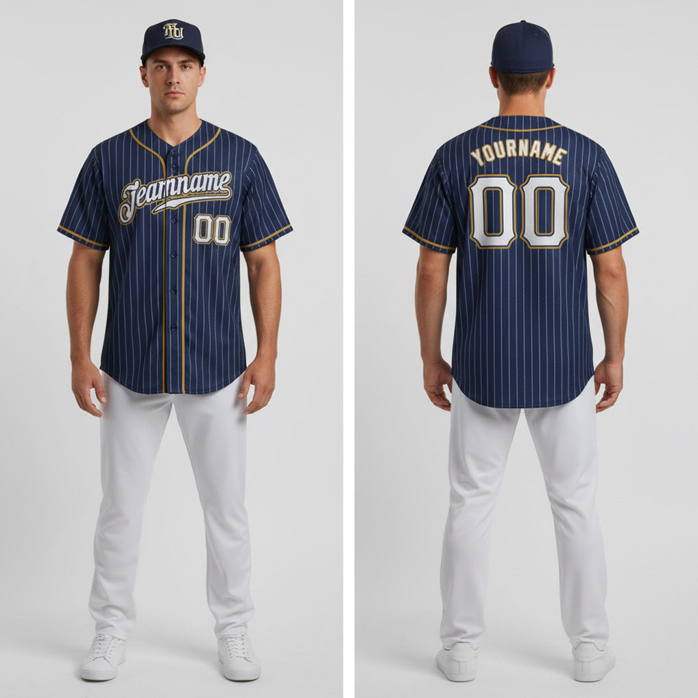 Front and back view of Custom Navy White Pinstripe Old Gold Baseball Jersey with Personalized Name and Number – Athletrio