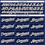 Player name and number font options for Custom Navy White Pinstripe Old Gold Baseball Jersey