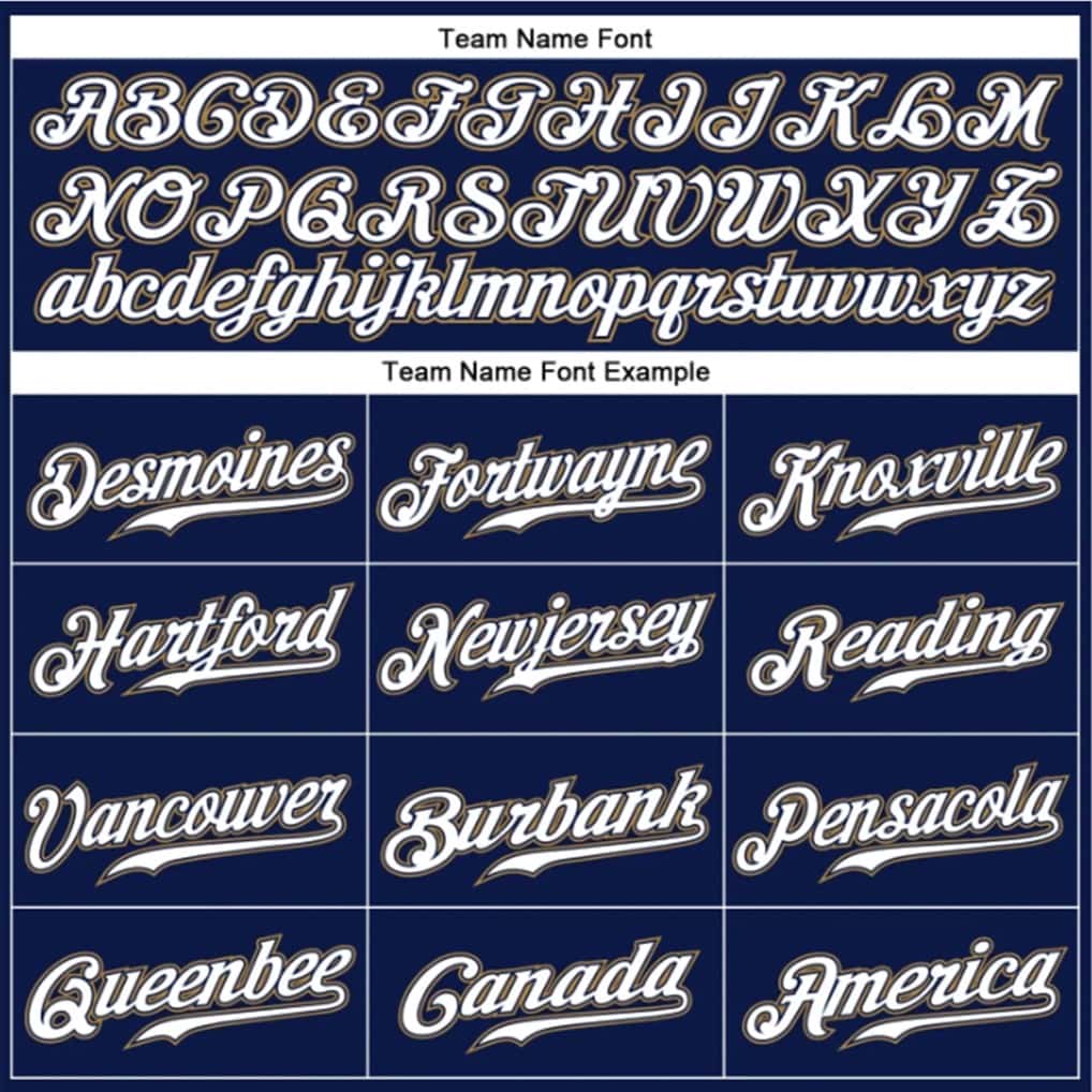 Player name and number font options for Custom Navy White Pinstripe Old Gold Baseball Jersey