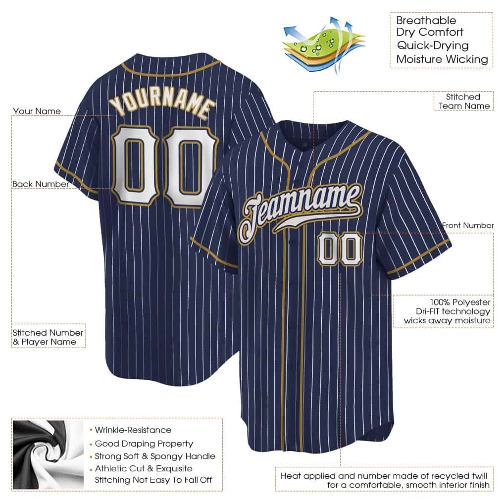 Product details of Custom Navy White Pinstripe Old Gold Baseball Jersey showing stitched logos, fabric and customization options By Athletrio