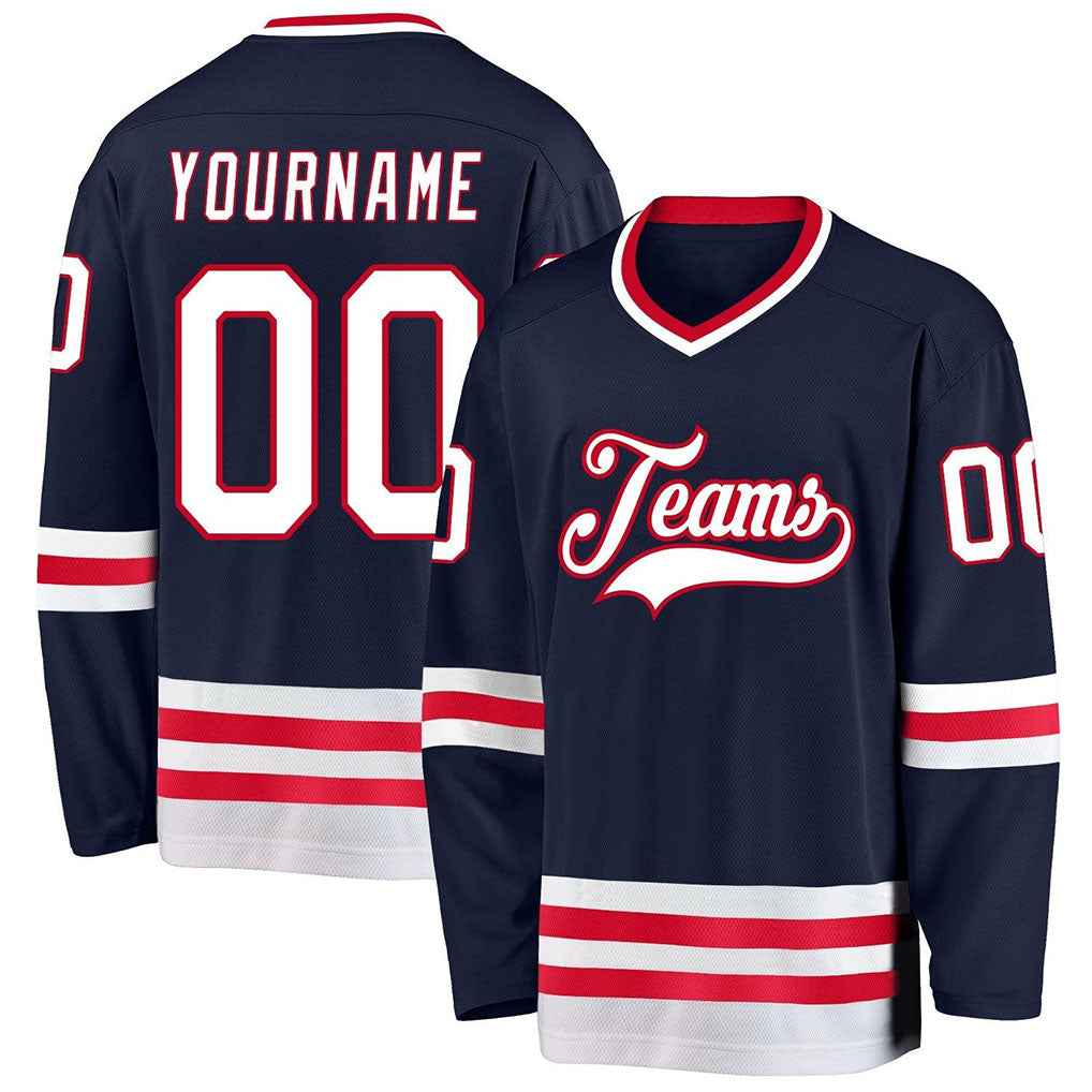 Angled view of Custom Navy White-Red Hockey Jersey – Designed By Athletrio