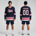 Front and back view of Custom Navy White-Red Hockey Jersey with Personalized Name and Number – Athletrio